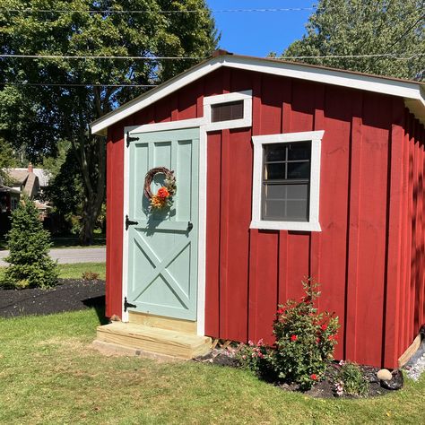 Red House With Blue Door, Red She Shed, Red Shed Ideas, Barn Red House Exterior, Painted Garden Sheds, Red House Exterior, She Shed Studio, Benjamin Moore Wythe Blue, Cedar Door