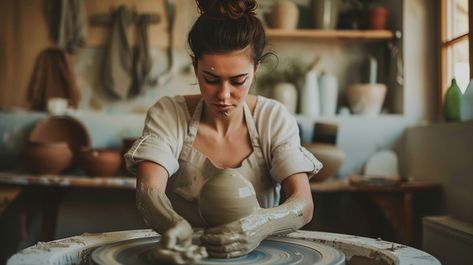 StockCake Focused artisan shapes clay on a spinning pottery wheel in a cozy, well-lit ceramics studio. Spinning Pottery, Wheel Craft, Ceramics Studio, Craft Images, Ceramic Studio, Pottery Wheel, Creative Words, Royalty Free Images, Spinning