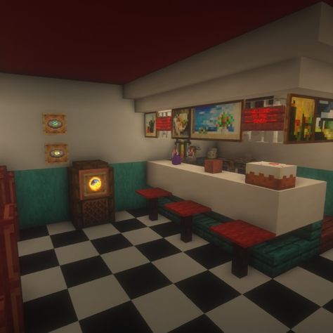 Add this 60s diner into oyur world to add a little spice and nostaglia!
#minecraft #minecraftdesign #minecraftrestaurant Restaurant Ideas Minecraft, Minecraft Restraunt Ideas, Minecraft Chinese Restaurant, Minecraft Arcade Machine, Diner Minecraft, Minecraft Hotel Lobby, Minecraft Restaurant Interior, Minecraft Diner, Minecraft Restaurant Ideas