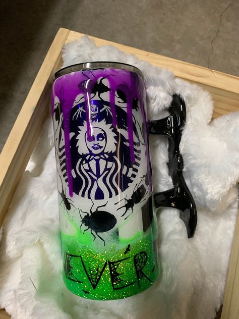 All orders are custom made to clients. Never make the exact same product for there is always something different to make it unique. Beetlejuice Cup Ideas, Beetlejuice Tumbler Ideas, Beetlejuice Cup, Beetlejuice Merch, Dark Nursery, Starbucks Cup Design, Tumbler Inspiration, Tumblr Cup, Tumbler Cups Personalized