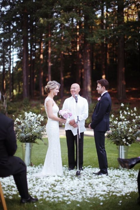 pink peonies. navy blue tux. amazing back of dress. no earrings. no bridal party. simple. 85 guests- love it all. Wedding Alters, Aisle Runner Wedding, Wedding Petals, Wedding Week, Wedding Decor Elegant, Wedding Aisle, Ceremony Ideas, Ceremony Decor, Roger Federer