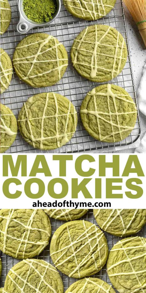 These homemade Matcha Cookies are the perfect sugar cookies with a bold green color and matcha's distinct grassy flavor. The sweetness balances the earthiness of the green tea powder, and a little melted white chocolate drizzle makes them look like edible art. They're soft and chewy, and the perfect cookies for matcha lovers! | aheadofthyme.com #matchacookies via @aheadofthyme Matcha Tea Cookies, Thick Matcha Cookies, Easy Matcha Cookies, Chewy Matcha Cookies, White Chocolate Matcha Cookies, Matcha Cookie Recipe, Matcha Latte Cookies, Strawberry Matcha Cookies, Macha Dessert