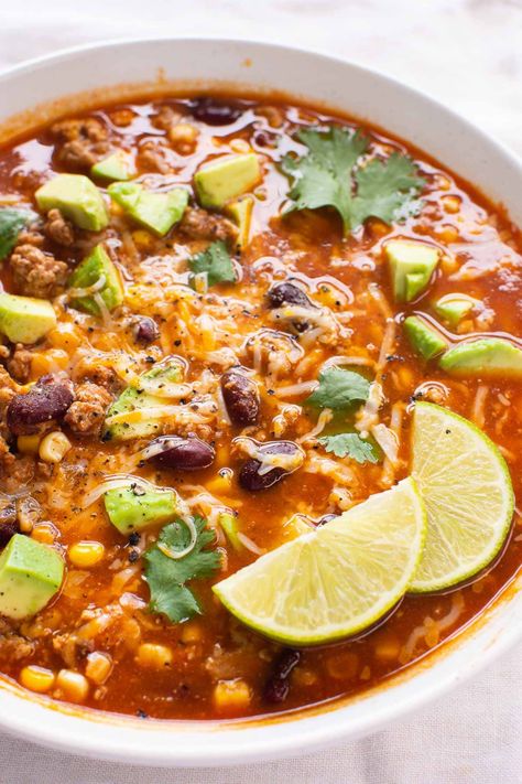 Taco Soup With Turkey Meat, Ground Turkey Taco Soup Crock Pot, Tortilla Soup Ground Turkey, Taco Soup With Ground Turkey, Ground Chicken Taco Soup, Ground Turkey Tortilla Soup, Soup With Ground Turkey Meat, Slow Cooker Ground Turkey Recipes, Ground Turkey Breakfast Recipes