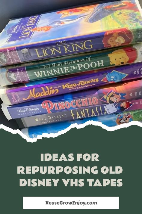 Stack of old Disney VHS tapes with titles visible, suggesting ideas for repurposing them. Vhs Tapes Crafts Diy, Vhs Covers Crafts, Repurposed Vhs Tapes, Upcycle Vhs Tapes, Upcycle Vhs Case, Vhs Diy Projects, Painted Vhs Tapes, Vhs Tape Crafts, Old Vhs Tapes Ideas