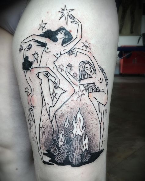 Dancing Witches Done at @nasza_tattoo_shop #vegantattooartist #femaletattooartist #polandtattoos #tttism #witch #witches #witchtattoo… Witches Dancing Tattoo, Tattoos Witchcraft, Dancing Witches, Witches Dancing, Dancing Tattoo, Black Line Tattoo, Party Tattoos, Witch Tattoo, Female Tattoo Artists