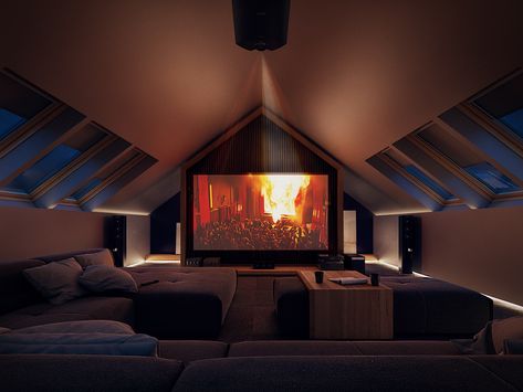 Sala Cinema, Bonus Room Design, Small Home Theaters, Home Theater Room Design, Theater Room Design, Attic Bedroom Designs, Home Cinema Room, At Home Movie Theater, Attic Spaces