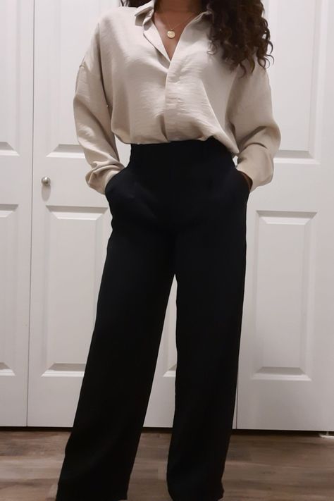 women's trouser How To Style Effortless Pants, Wide Leg Black Pants Outfit Classy, Effortless Pants Aritzia Outfit Work, Wide Leg Dress Pants Outfit Dressy, Black Flowy Pants Outfit Work, Large Black Pants Outfit, Black Effortless Pants Outfit, Dressy Black Pants Outfit, Black Straight Leg Pants Outfit