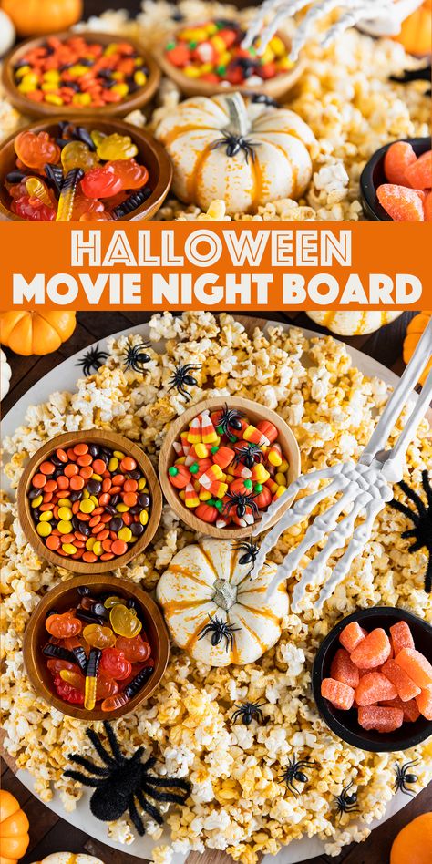 Kids Halloween Theme Movie Night, Halloween Movie Snack Board, Movie Night Snacks Halloween, Fall Movie Snack Board, Halloween Date Night Snacks, Halloween Movie Charcuterie Board, Halloween Inspired Snacks, Halloween Popcorn Bar Ideas, Halloween Snacks Movie Nights