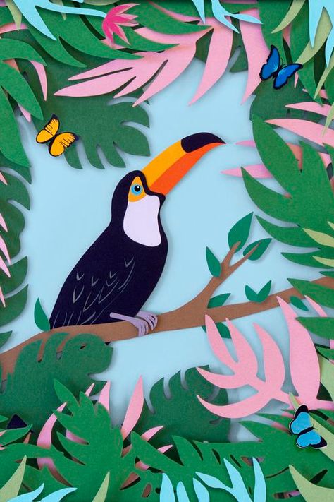 Construction Paper Art, Toucan Illustration, Paper Petals, Paper Daisies, Toucan Art, Toucan Bird, Jungle Illustration, Cut Out Art, Paper Cutout Art