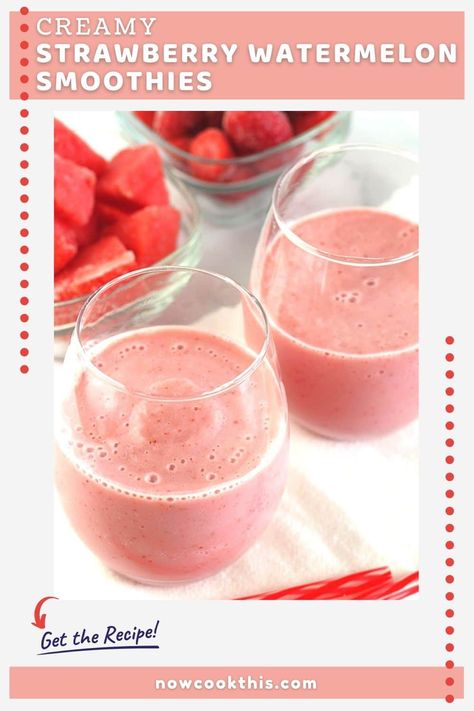 These quick and easy creamy strawberry watermelon smoothies are a delicious and healthy way to start any day, and they're a fantastic cold drink for hot summer days. All you need is 5 simple ingredients, a blender, and a few minutes to whip them up. A perfect way to use up leftover watermelon! Get the recipe and give them a try! Leftover Watermelon, Strawberry Watermelon Smoothie, Watermelon Smoothie Recipes, Frozen Watermelon, Salad Dressing Recipes Homemade, Vanilla Greek Yogurt, Homemade Yogurt, Watermelon Recipes, Strawberry Smoothie