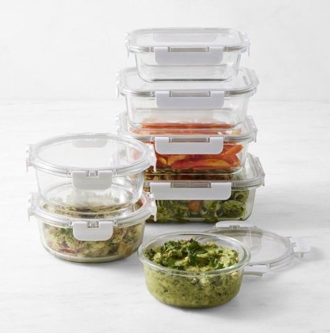 Safely store, serve and reheat your favorite dishes with our versatile glass containers. Their leakproof plastic lids create an airtight seal to keep food fresh, and the stackable design makes the entire set easy to store.  Made of high borosilicate glass.  Plastic lids with silicone rims create airtight, leakproof seals.  Stackable design enables space-saving storage.  Microwavable; freezer and dishwasher safe.  Lids are top-rack dishwasher safe Aesthetic Storage Containers, Glass Tupperware Storage, Aesthetic Home Items, Aesthetic Tupperware, Fridge Storage Ideas, Container Furniture, First Apartment Tips, Free Kitchen Design, Plastic Food Containers