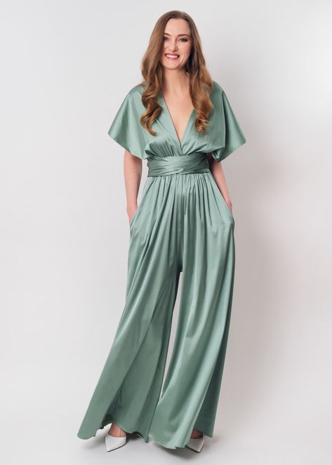 Sage green infinity jumpsuit, silk jumpsuit, bridesmaid jumpsuit, multi wrap multiway convertible jumpsuit, bridesmaid dress, silk convertible dress, long ball gown, multiway dress, multiwrap dress Jumpsuit Formal Wedding, Bridesmaid Pants, Bridesmaid Dress Silk, Jumpsuit Bridesmaid, Convertible Jumpsuit, Infinity Jumpsuit, Bridesmaid Jumpsuit, Pastel Bridesmaids, Long Ball Gown