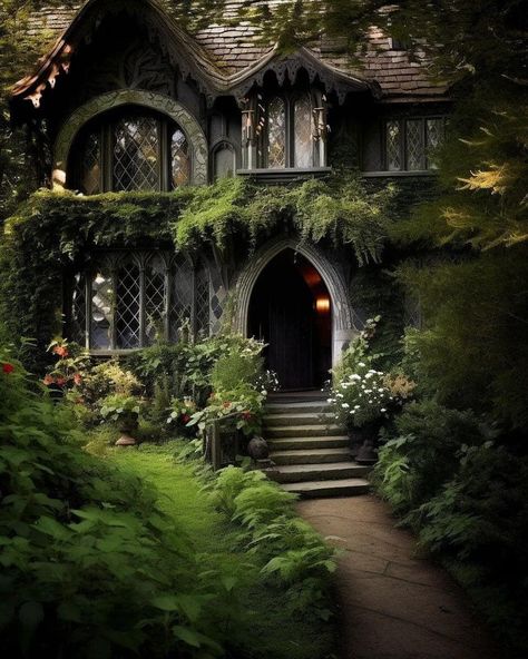 "Forest Gothic Cottages" By... - Beautiful Gothic & more | Facebook Dream Cabin Exterior, Whimsigothic House Exterior, Witchy Houses Exterior, Modern Witch House Exterior, Gothic House Architecture, Cathedral House Exterior, Magical Forest House, Whimsical House Design, Mystical House Exterior