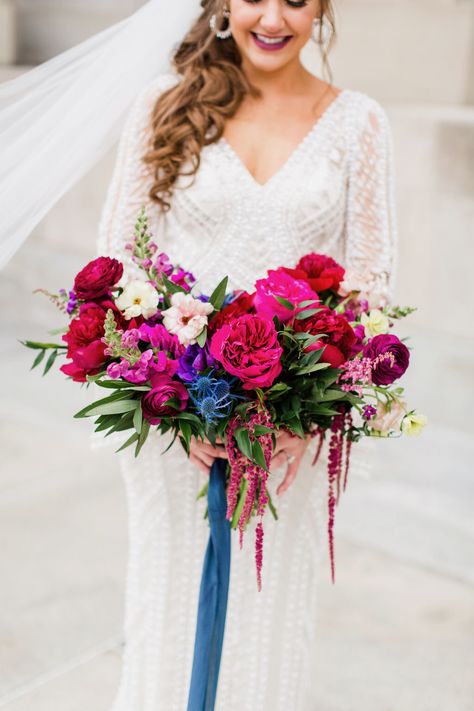 Jewel Tone Bridal Bouquet, Unusual Bouquets, Magenta Bridesmaid Dresses, Jewel Tone Wedding Theme, Jewel Tone Wedding Colors, Viking Hall, Jewel Tone Wedding Flowers, Wedding Fest, Red Things