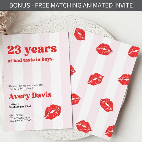 💋 23 years of bad taste in boys (or any age) birthday invitation template 🩷 Looking for a sassy way to celebrate your next birthday? You found it! These cheeky invitation templates are sure to put a smile on your friends' faces. All text is fully editable, change to suit any birthday age! The ANIMATED digital invitation is a showstopper, perfect for inviting those friends from afar (or the ones forever losing paper invitations 🙃) 👉 Link in bio to get yours today! #badtasteinboys #23rdbi... 23 Birthday Invitations, 21 St Birthday Invitations, Heart Birthday Invitations, Red Birthday Invitations, Red And Black Birthday Invitations, 21 Birthday Invitations Zazzle, Mac Ruby Woo, 23 Birthday, Ruby Woo