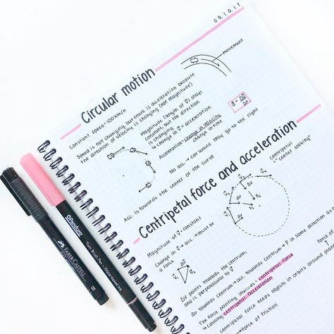 1,385 Likes, 26 Comments - ‍ tee • she/her • infj •  (@studytee) on Instagram: “Physics notes with yet another header type ‍♀️ This one is very simple, but I like it and I get…” Study Layout, Studera Motivation, Physics Notes, College Notes, Aesthetic Notes, Bullet Journal Notes, Circular Motion, Math Notes, Pretty Notes