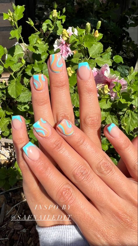 Blue french tips and detailed lines on two fingers. Wavy Wiggle Nails, French Design Nails, Orange Dip, Blue French Tips, Teal And Orange, Blue French, Design Nails, Two Fingers, French Tips