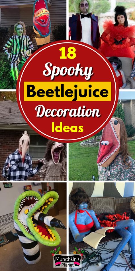 Spooky Beetlejuice Yard Decoration Ideas For Halloween Bettlejuice Outdoor Decoration, Beetlejuice Skeleton Display, Beetlejuice Office Decorations Diy, Beatle Juice Trunk Or Treat Ideas, Beatle Juice Trunk Or Treat, Travel Trailer Halloween Decorations, Sandworm Decoration, Beetlejuice Themed Halloween Party, Beetlejuice Outdoor Decor