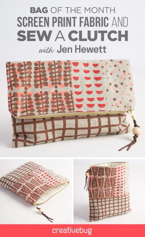 Jen Hewett, Crafts By Month, Diy Clutch, Screen Printed Fabric, Fabric Stamping, Beginner Sewing Projects Easy, Pinterest Diy, 52 Weeks, Diy Handbag