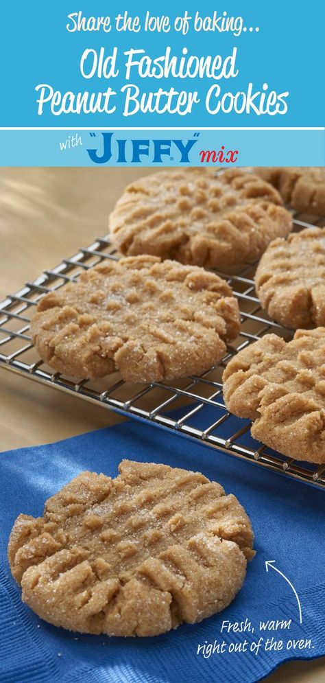 Who can resist warm, soft, chewy cookies baked fresh. Introduce your family to the love of baking, with Old Fashioned Peanut Butter Cookies. ❤️

Made with: "JIFFY" Pie Crust Mix. Jiffy Peanut Butter Cookies, Jiffy Pie Crust Mix Recipes, Old Fashioned Peanut Butter Cookies, Jiffy Mix Recipes, Jiffy Recipes, Soft Chewy Cookies, Pie Crust Cookies, Baking Mix Recipes, Jiffy Mix