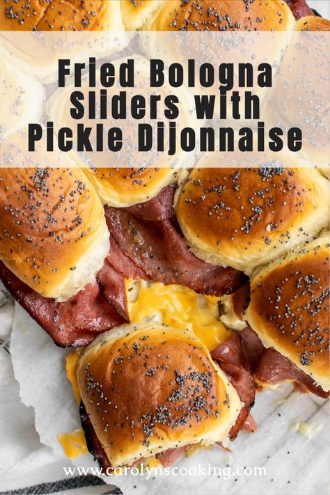 FEBRUARY 1, 2018 APPETIZERS(EDIT) fried bologna sliders with pickle dijonnaise Jump to Recipe Print Recipe Fried Bologna Sliders These Fried Bologna Sliders with Pickle Dijonnaise are the party food you never knew you always needed! Fried bologna, melty American cheese and a zesty pickle sauce all piled onto sweet slider rolls. . . . . . #Gamedayrecipe #sliders #superbowlrecipe #sliderrecipe #partyfood #appetizer #friedbologna Hawian Roll Sliders Turkey, Fried Bologna Casserole, Bologna And Cheese Sandwich, Recipes With Bologna, Smoked Sausage Sliders, Bologna Appetizers, Fried Bologna Recipes, Bologna Roll Ups, Fried Baloney Sandwich