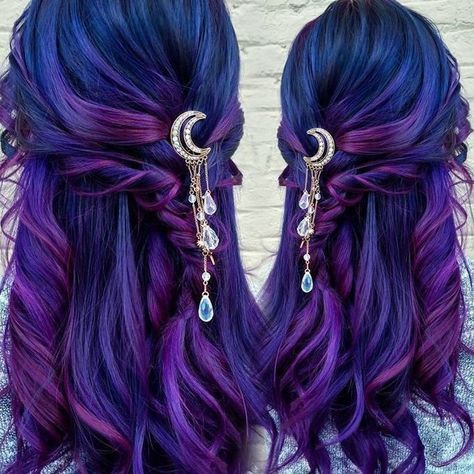 Cosmic Hair Color, Fantasy Hair Styles, Fantasy Hair Accessories, Moon Hair Accessories, Moon Hair Clip, Galaxy Hair, Accessories Crystal, Crystal Hair Accessories, Ombre Hair Extensions