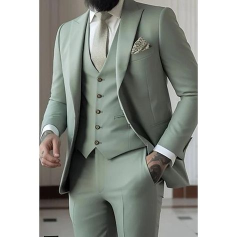 Wedding Suits Men Sage Green, Light Green Tuxedo For Men, Mint Green Groomsmen Attire, Dusty Sage Groomsmen Attire, Enchanted Forest Groom Attire, Green Wedding Suits Men, Light Green Wedding Suit, Sage Suits Men, Khaki Tux Wedding