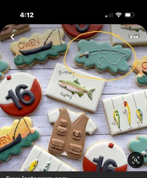 Fishing Birthday Party Cookies, The Big One Fishing Birthday Cookies, Bass Fish Cookies Decorated, Fishing Theme Cookies Decorated, Fishing Birthday Cookies Decorated, Fish Themed Cookies, 30th Fishing Birthday Party, Ofishally 3 Birthday, Fishing Themed Cookies