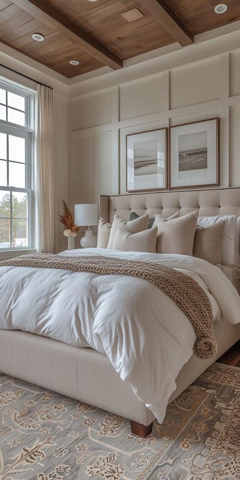 Back Bedroom Ideas, Neutral Modern Master Bed, Coastal Classic Bedroom, Vaulted Ceiling Bedrooms, Tall Ceiling Bedroom Decor, Vaulted Master Ceiling, Vaulted Ceiling Bedroom Decor, Cozy Master Suite Ideas, New Bedroom Ideas For Couples