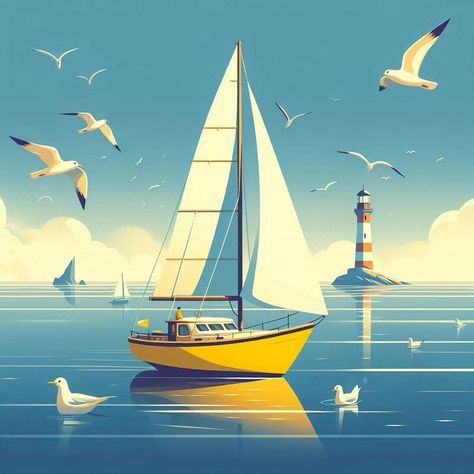 Boat Illustration, Ocean Paintings, Boat Drawing, Graphic Painting, Sailboat Art, House Illustration, Marker Drawing, Ocean Painting, Beautiful Wallpaper