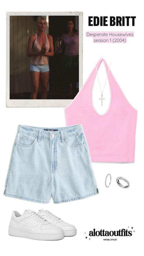 Edie Britt inspired outfit featuring a pink halter top, denim shorts and silver jewelry Desperate Housewives Outfits, Confident Outfits, Edie Britt, Confident Outfit, Desperate Housewives, Virtual Stylist, Simple Trendy Outfits, Bold Fashion, Season 1