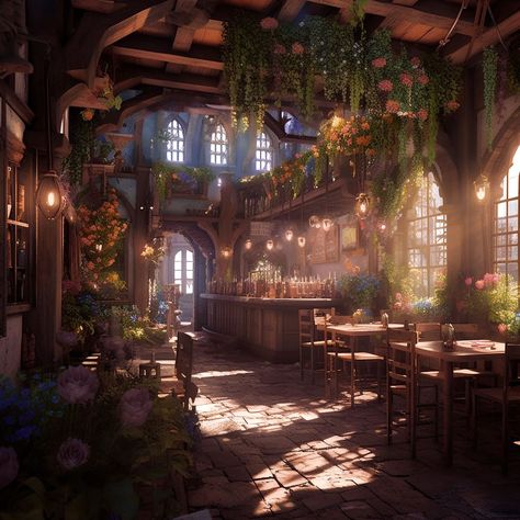 Tavern Fantasy Art Interior, Fantasy Bakery Concept Art, Taverncore Aesthetic, Dnd Shop Art, Fantasy Tavern Concept Art, Fantasy Tea Shop, Fantasy Tavern Art, Fantasy Tavern Aesthetic, House Concept Art Interior