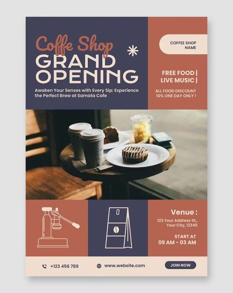 Grand Opening Coffee Shop Poster Template AI, EPS, PSD New Shop Opening Poster, Coffee Graphics Design, Cafe Opening Poster, Opening Coffee Shop, Restaurant Opening Poster, Grand Opening Design, Poster Kopi, Grand Opening Poster, Coffee Shop Japan