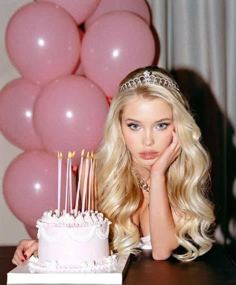 A Woman, Balloons, Blonde, Candles, Cake, Birthday, Pink