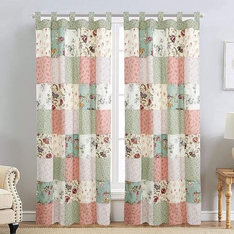 Amazon.com: Cozy Line Home Fashions Celia Peachy Floral Vine Country Cottage Flower Garden Patchwork Window Curtains with Tie Backs Set, 84" x 52", 2 Panels : Home & Kitchen Green Bedspread, Bedspread Quilt, Patchwork Curtains, Oversized Quilt, Cotton Quilt Set, Green Curtains, Drape Panel, Elegant Embroidery, Rod Pocket Curtain Panels