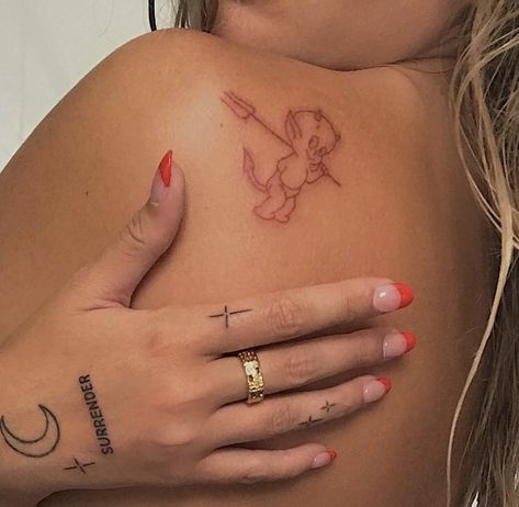 Small Spiritual Tattoos, Woman With Tattoos, Devil Tattoo, Red Ink Tattoos, Red Tattoos, Spiritual Tattoos, Stylist Tattoos, Dainty Tattoos, Dream Tattoos