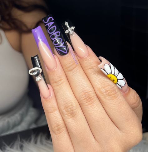 junior h nails 🌼 @dynamicnailsupply vintage nude acrylic powder @beetlesgelpolish purple and black @kupainc top coat September Deal ending soon ! $65 any set any length ! #nailtech #nail #nailsnailsnails #nailxster #junior #juniorh #concert #sadboys #forlife #explore #explorepage #exploremore #gwinnett #gwinnettnails #extendo #french #frenchies #charms #planet #cross #daisy #handdrawn #handart #handpainted Junior H Nails, Childhood Movies, Acrylic Powder, Hand Art, Nail Tech, Purple And Black, Art Sketches, How To Draw Hands, Hand Painted