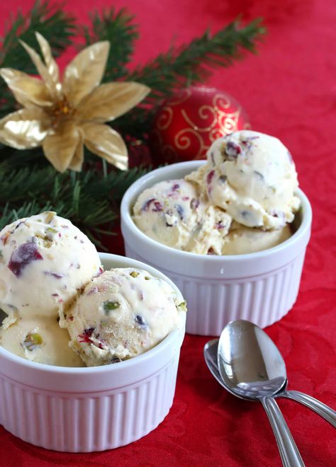 White Chocolate Cranberry and Pistachio Ice Cream White Chocolate Ice Cream, Granitas, Christmas Ice Cream, Chocolate Cranberry, Cranberry Pistachio, Pistachio Ice Cream, Ice Cream Dessert, White Chocolate Cranberry, Ice Cream Recipe