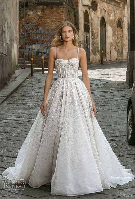 berta fall 2020 bridal sleeveless spaghetti strap sweetheart neckline bustier full embellishment romantic ball gown a  line wedding dress mid back medium train (5) mv -- Berta Fall 2020 Wedding Dresses | Wedding Inspirasi  #wedding #weddings #bridal #weddingdress #weddingdresses #bride #fashion #collection:Napoli #label:Berta #season:Fall/Winter #week:022020 #year:2020 ~ Princess Ball Gowns Wedding Dress, Berta Wedding, Fairy Prom Dress, Gowns Aesthetic, Prom Elegant, Berta Wedding Dress, Gowns Elegant, Corset Dress Prom, Princess Ball Gowns