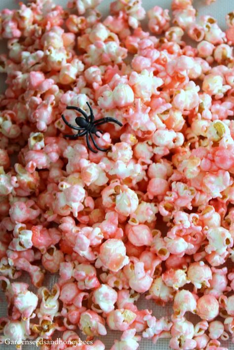 Halloween Pink Starbrust Popcorn - Garden Seeds and Honey Bees Pink Halloween Food Ideas, Popcorn Pumpkin, Pink Halloween Party, Watermelon Wedding, Sparkly Halloween, Witches Tea, Halloween Sleepover, Easter Marshmallow, Halloween Charcuterie