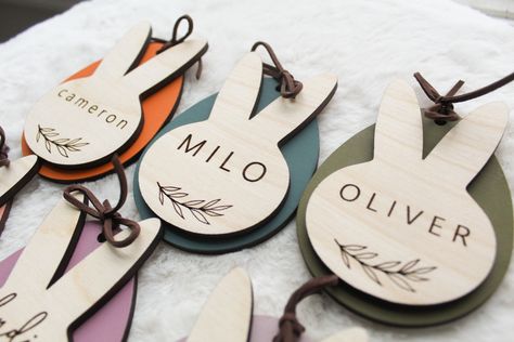 Easter Basket Name Tags, Velika Noč, Custom Easter Basket, Laser Crafts, Glowforge Projects, Custom Easter Baskets, Wooden Bunny, Basket Tags, Easter Basket Items