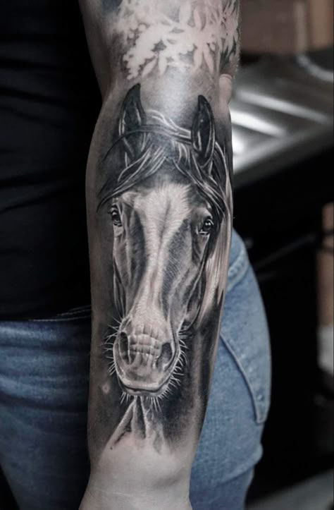 My lovely horse will always be with me 🥰🐴🏇🏼 Black And Grey Horse Tattoo, Horse Forearm Tattoo Women, Horse Tattoo Sleeve For Women, Horse Forearm Tattoo, Horse Portrait Tattoo, Horse Face Tattoo, Memorial Horse Tattoo, Black Horse Tattoo, Horse Tattoo Ideas