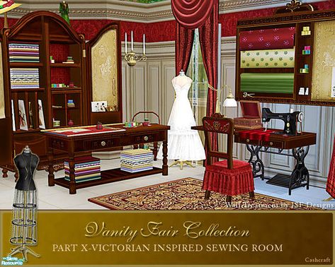 cashcraft's Vanity Fair Sewing Room #Victorian #sewingroom #boudoir #furniture #vintage #antique #TS2 #thesims2 #customcontent #cc Vintage Sewing Rooms, Sewing Room Design, Sewing Cabinet, Treadle Sewing Machines, Victorian Ladies, Sims Building, Sewing Rooms, Dream Apartment, Prop Design