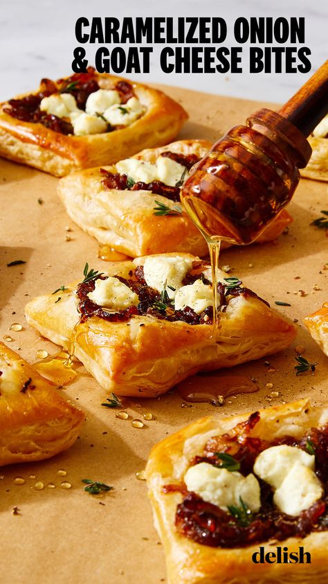 Frozen puff pastry is a great staple to have in your freezer at all times. It can transform almost any ingredient into a showstopping bake. This recipe uses... Goat Cheese Bites, Feta Bites, Cheese Bites Recipe, Puff Pastry Appetizers, Pastry Appetizer, Brie Bites, Fall Appetizers, Tart Baking, Cheese Bites