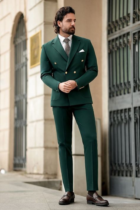 Discover the power of presence in this green double-breasted suit. The bold color, combined with the clean lines, creates a commanding look that’s sure to turn heads.  #greendoublebreastedsuit #formalfashion #mensstyle #boldandsharp #elegantgent #tailoredmenswear #suitupinstyle #dressedtoimpress #standoutfashion #modernformality Coat Pant For Men Suits Wedding Mens Fashion, Green Double Breasted Suit Men, Green Double Breasted Suit, Double Breasted Suit Men, Bow Tie Suit, Modern Fit Suit, Suit Stores, Slim Fit Suit Men, Men's Formal Style