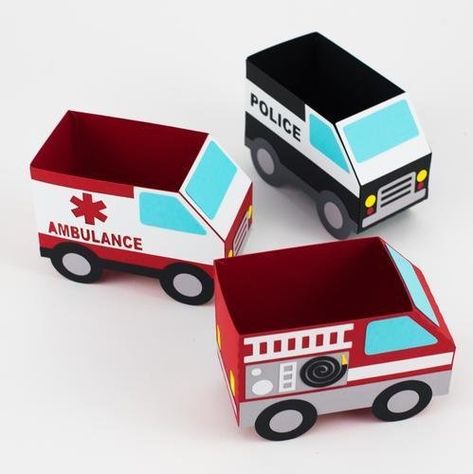 I think I’m in love with this project from the Silhouette Design Store! Diy Police Car Cardboard Boxes, Fire Truck Diy Cardboard Boxes, Cardboard Box Ambulance, Police Cardboard Box Car, Emergency Vehicle Birthday Party, Ambulance Craft, Rio Birthday Parties, Fireman Crafts, Ambulance Box Car