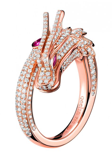 Medium King ring in 18K rose gold with full pavé diamonds and rubies (diamonds: 1.25ct / 1 oval ruby: 0.27ct / 2 Mar rubies: 0.11ct // €9,710 Phoenix Head, Phoenix Ring, Dragon Phoenix, European Jewelry, Luxury Jewelry Brands, Dragon Ring, Gold Dragon, Dragon Jewelry, Ruby Jewelry