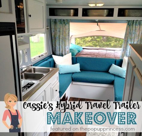 What an awesome travel trailer remodel!  All the renovations were done on a $300 budget, too!  Gorgeous! Travel Trailer Makeover, Hybrid Travel Trailers, Vintage Trailer Remodel, Pop Up Princess, Hybrid Camper, Trailer Makeover, Shasta Camper, Camp Trailer, Camper Trailer Remodel