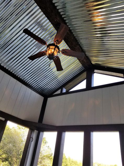 Ceiling Fan Screened In Porch, Tin Vaulted Ceiling, Galvanized Steel Ceiling, Tin Porch Ceiling, Screen Porch Ceiling Ideas, Porch Ceilings Ideas, Deck Ceiling Ideas, Rustic Tin Ceilings, Porch Ceiling Ideas