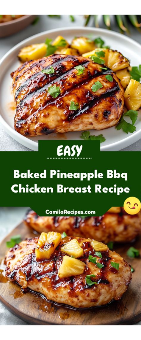 Juicy chicken breasts are elevated with a tropical twist in this Baked Pineapple BBQ Chicken Breast Recipe. The sweet and tangy flavors of pineapple and barbecue sauce create a mouthwatering dish that’s perfect for weeknight dinners or summer gatherings. Serve with rice or a fresh salad for a complete meal! Pineapple Bbq Chicken, Bbq Chicken Breast Recipe, Paleo Barbecue Sauce, Bbq Sauce Chicken, Baked Pineapple, Bbq Chicken Breast, Tangy Bbq Sauce, Chicken Breast Recipe, Chicken Breast Seasoning